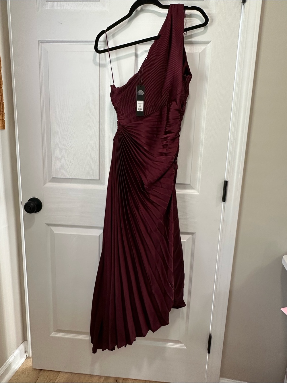Fashion Nova One-Shoulder Pleated Gown in Burgundy